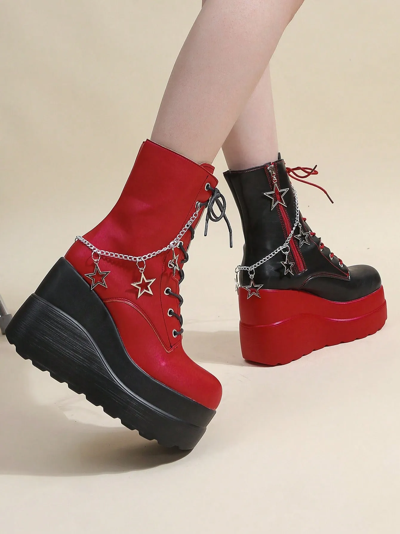 2024 Autumn and Spring New Punk Style Starry Sky Ankle Boots - Red and Black