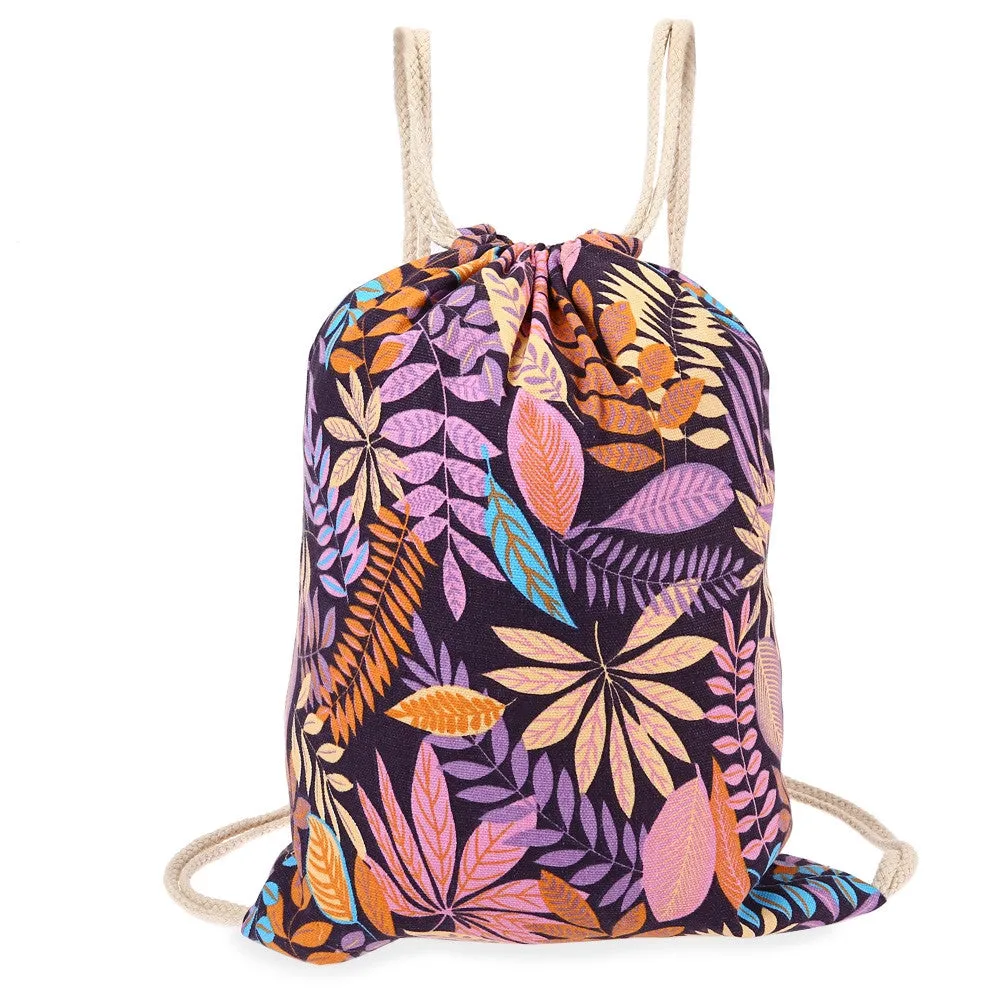 43cm Leaf and Caterpillar Canvas Drawstring Backpack Gym Beach Pool Bag - Free Shipping to N.A.