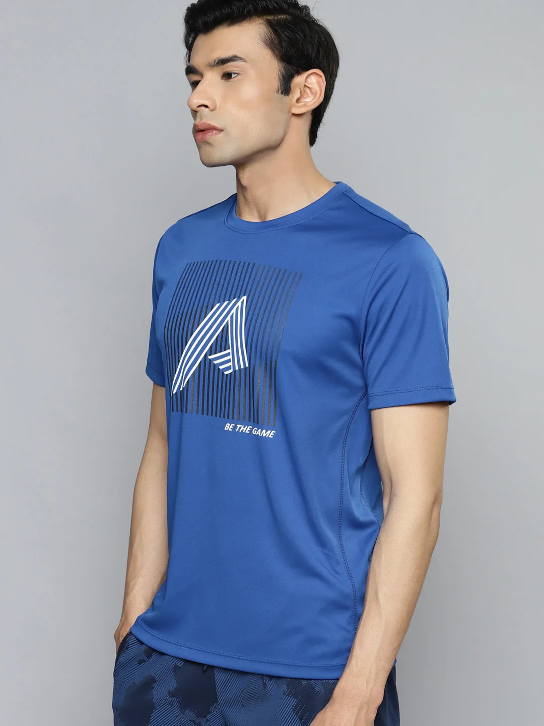 Alcis Men Blue Typography Printed Slim Fit Training or Gym T-shirt