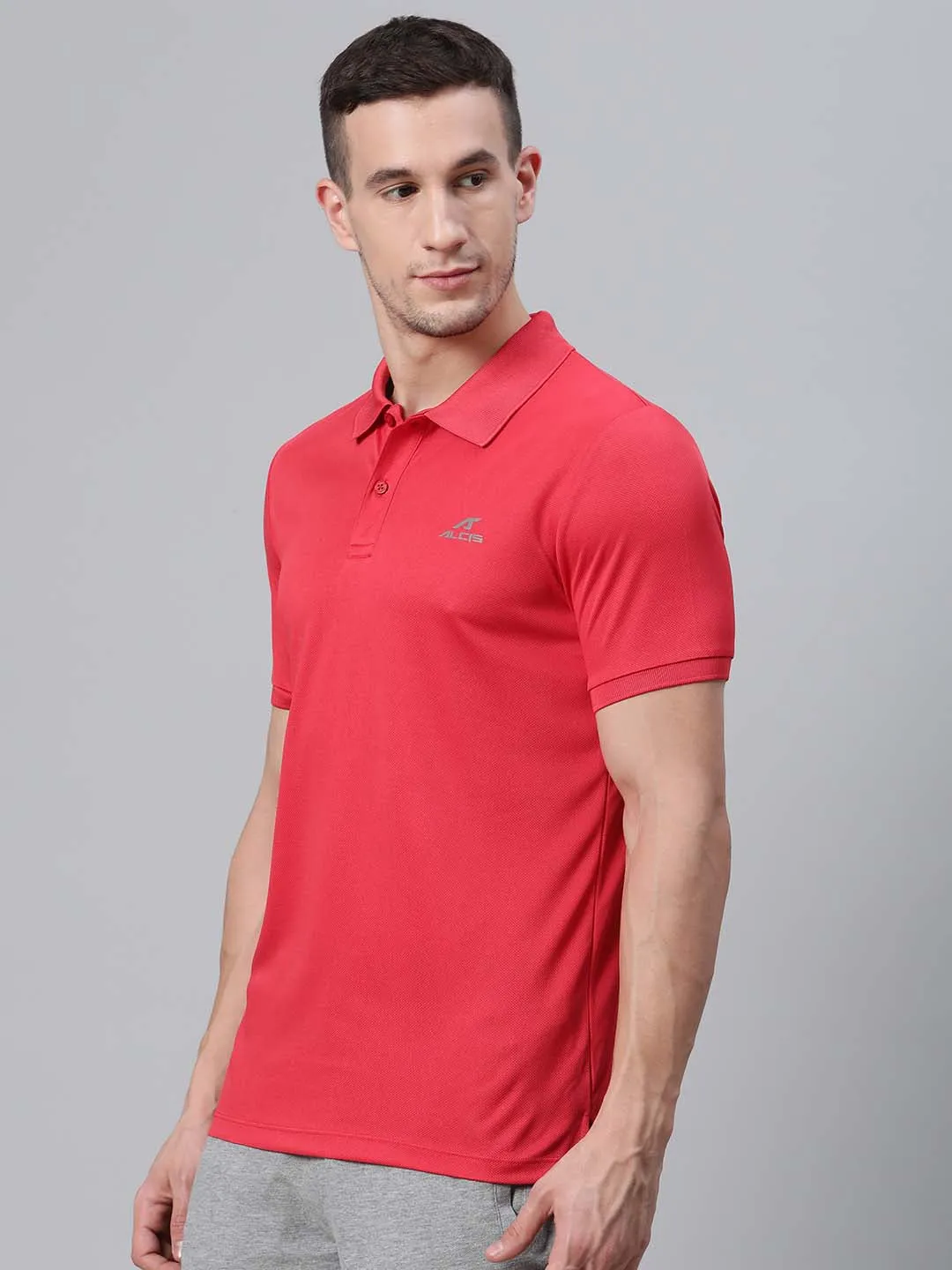 Alcis Men Coral Red Solid Polo Collar Badminton T-shirt