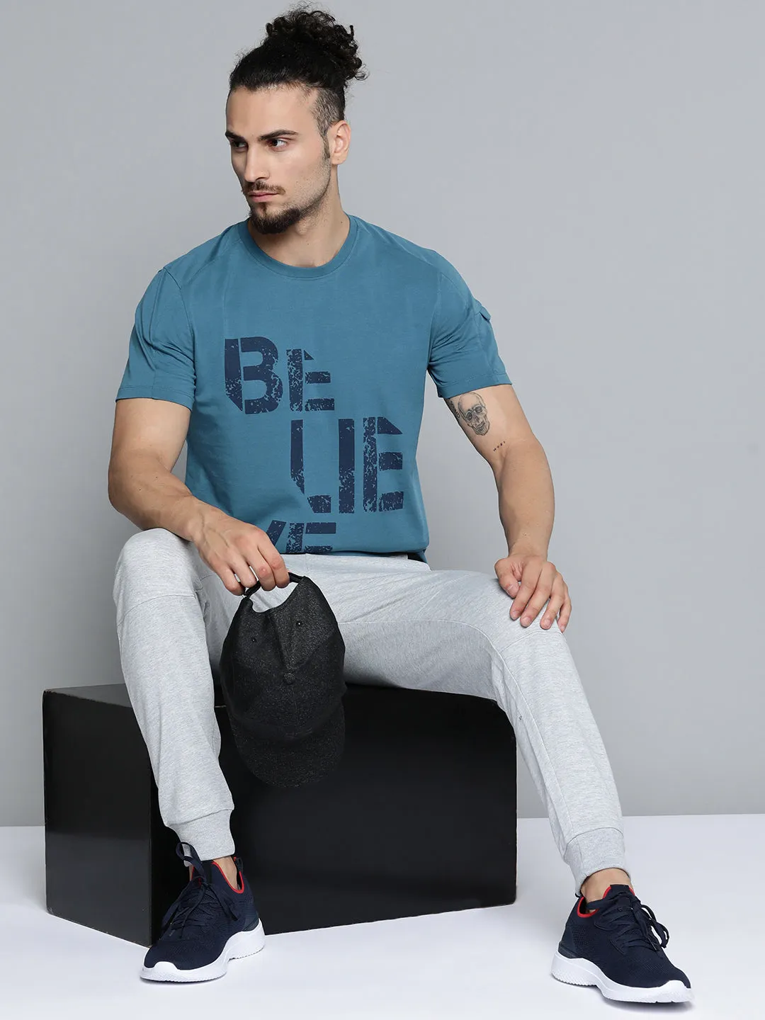 Alcis Men Teal Blue Typography Printed Slim Fit Gym T-shirt