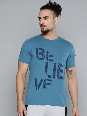 Alcis Men Teal Blue Typography Printed Slim Fit Gym T-shirt