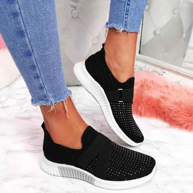 Amozae- Women Casual Shoes Spring Female Shoes Crystal Solid Mesh Sneakers Plus Size Flats Fashion Ladies Sport Shoes Vulcanized Shoes