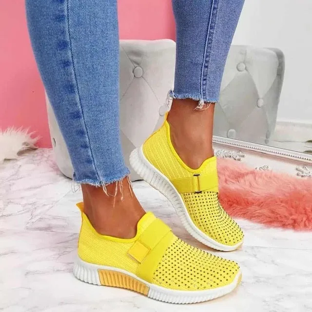 Amozae- Women Casual Shoes Spring Female Shoes Crystal Solid Mesh Sneakers Plus Size Flats Fashion Ladies Sport Shoes Vulcanized Shoes