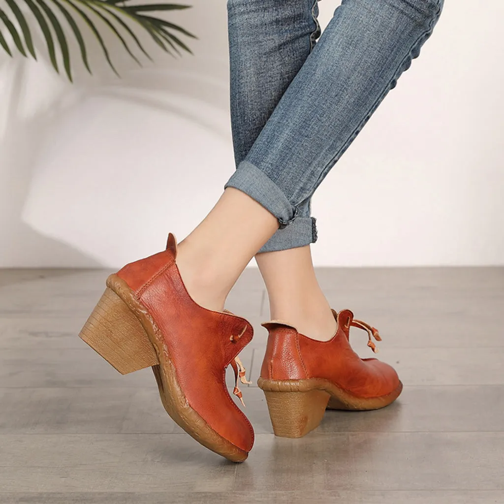 Autumn Leather Retro Elegant Chunky Heels