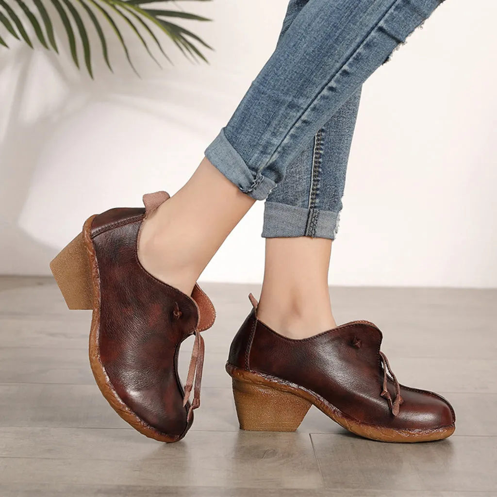 Autumn Leather Retro Elegant Chunky Heels