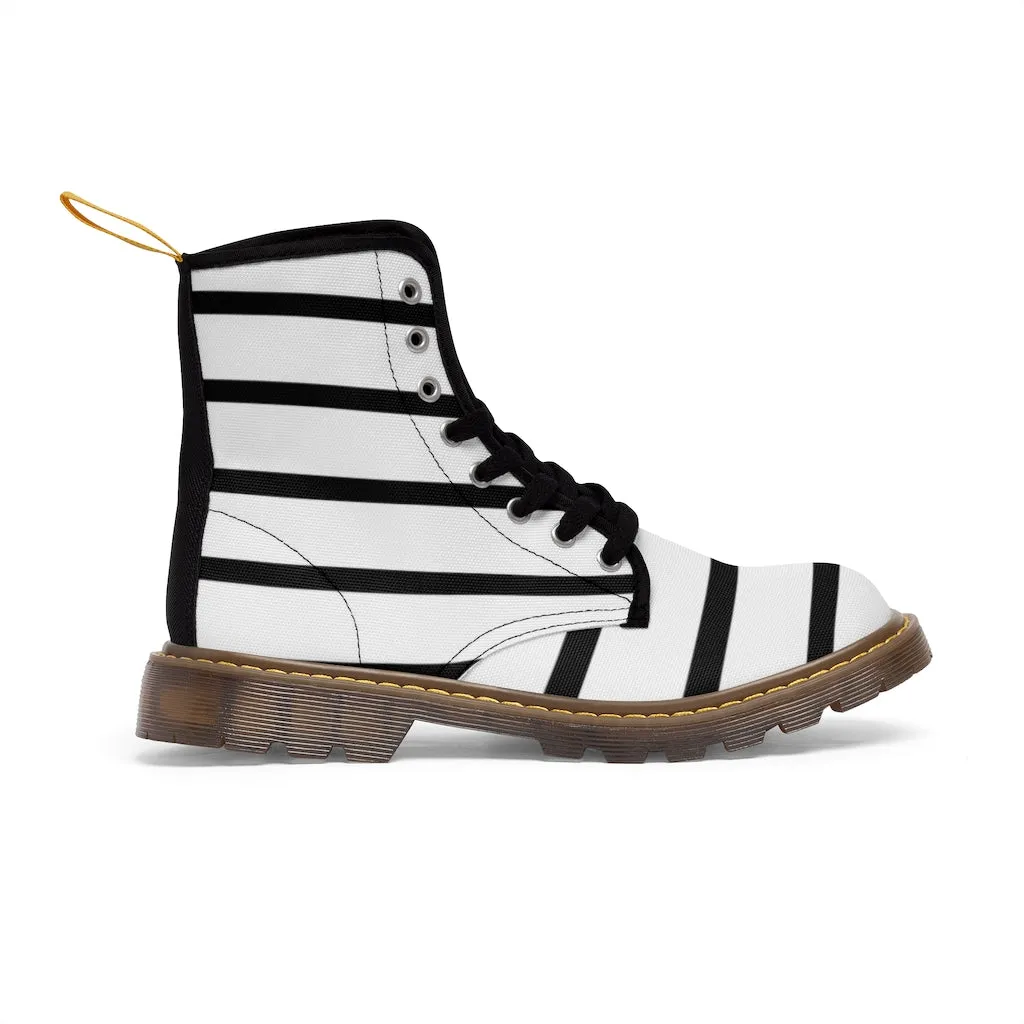 Black Striped Women's Canvas Boots, Black White Stripes Designer Best Fashion Canvas Boots