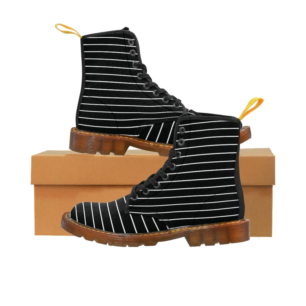 Black Striped Women's Canvas Boots, Modern White Black Stripes Print Winter Boots For Ladies