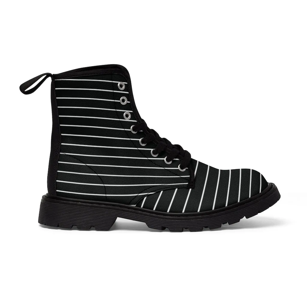 Black Striped Women's Canvas Boots, Modern White Black Stripes Print Winter Boots For Ladies