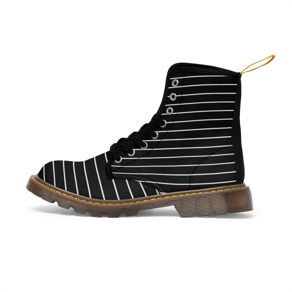 Black Striped Women's Canvas Boots, Modern White Black Stripes Print Winter Boots For Ladies