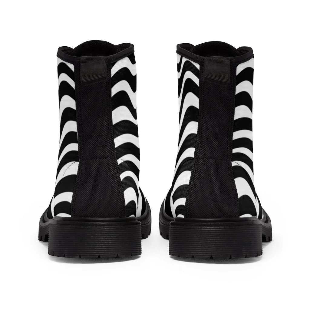 Black White Waves Women's Boots, Best Abstract Wavy Print Premium Boot Shoes For Ladies