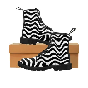 Black White Waves Women's Boots, Best Abstract Wavy Print Premium Boot Shoes For Ladies