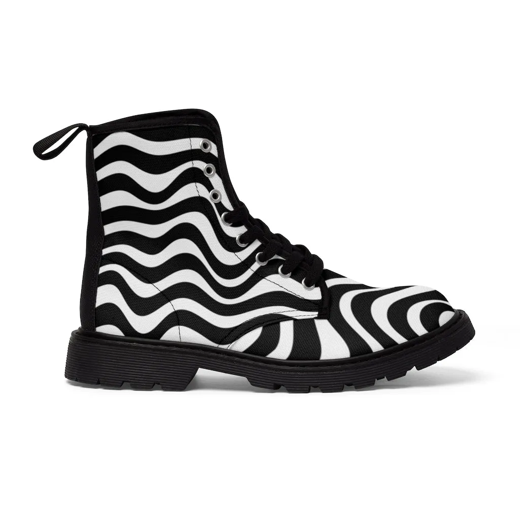 Black White Waves Women's Boots, Best Abstract Wavy Print Premium Boot Shoes For Ladies