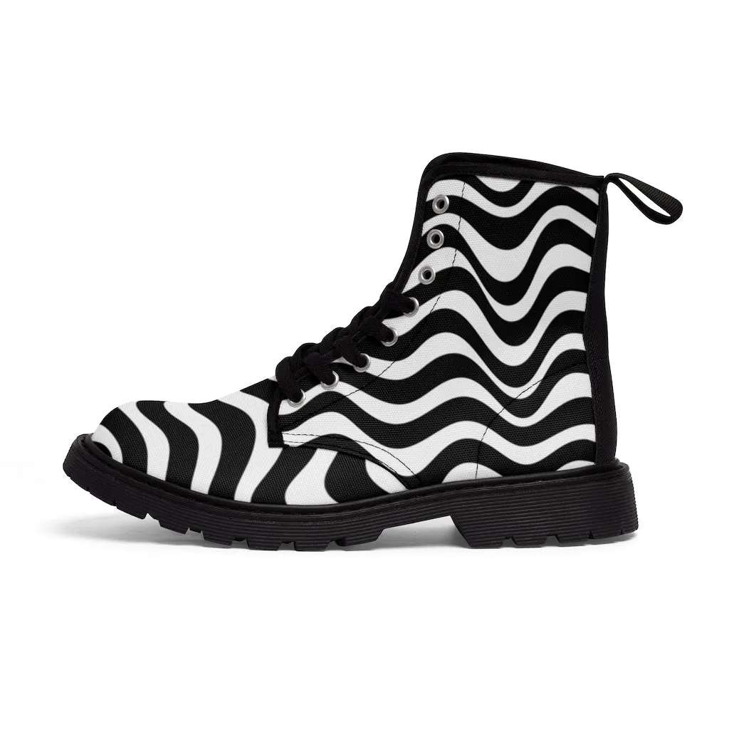 Black White Waves Women's Boots, Best Abstract Wavy Print Premium Boot Shoes For Ladies