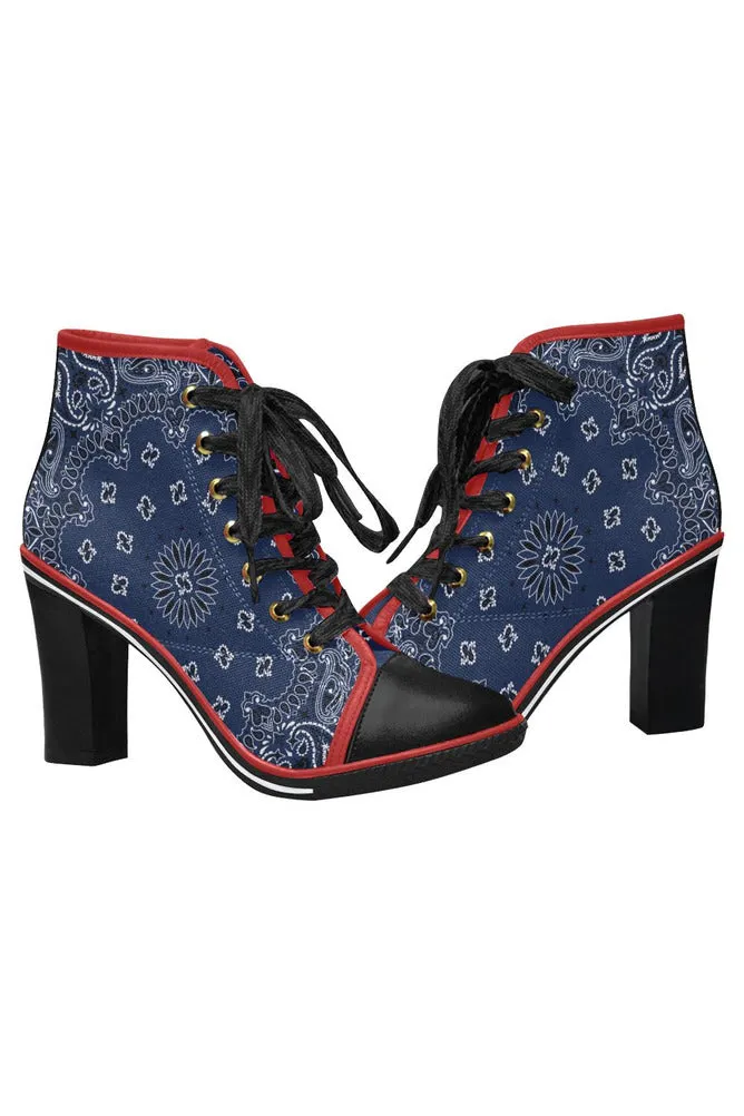 blue bandanna Women's Lace Up Chunky Heel Ankle Booties (Model 054)