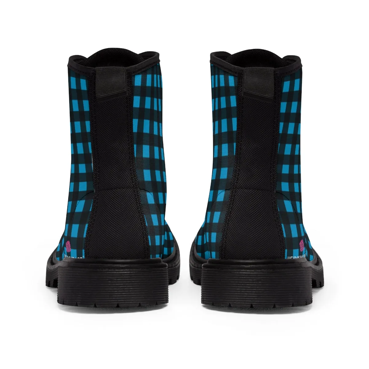 Blue Buffalo Print Women's Boots, Buffalo Plaid Print Best Laced Up Winter Boots For Women (US Size 6.5-11)