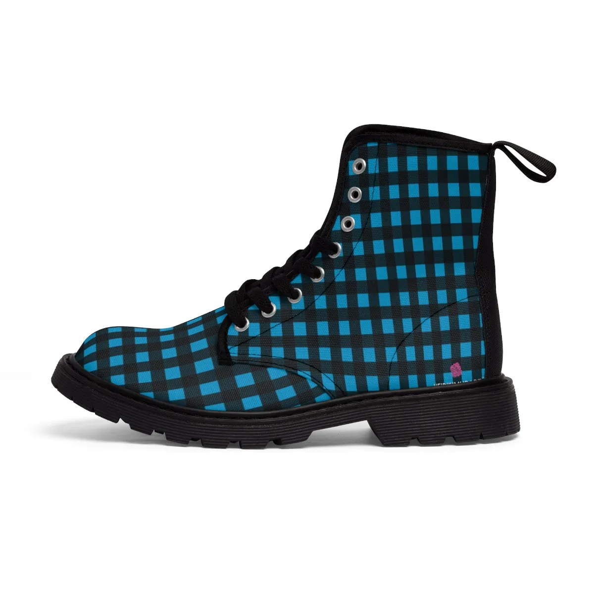 Blue Buffalo Print Women's Boots, Buffalo Plaid Print Best Laced Up Winter Boots For Women (US Size 6.5-11)