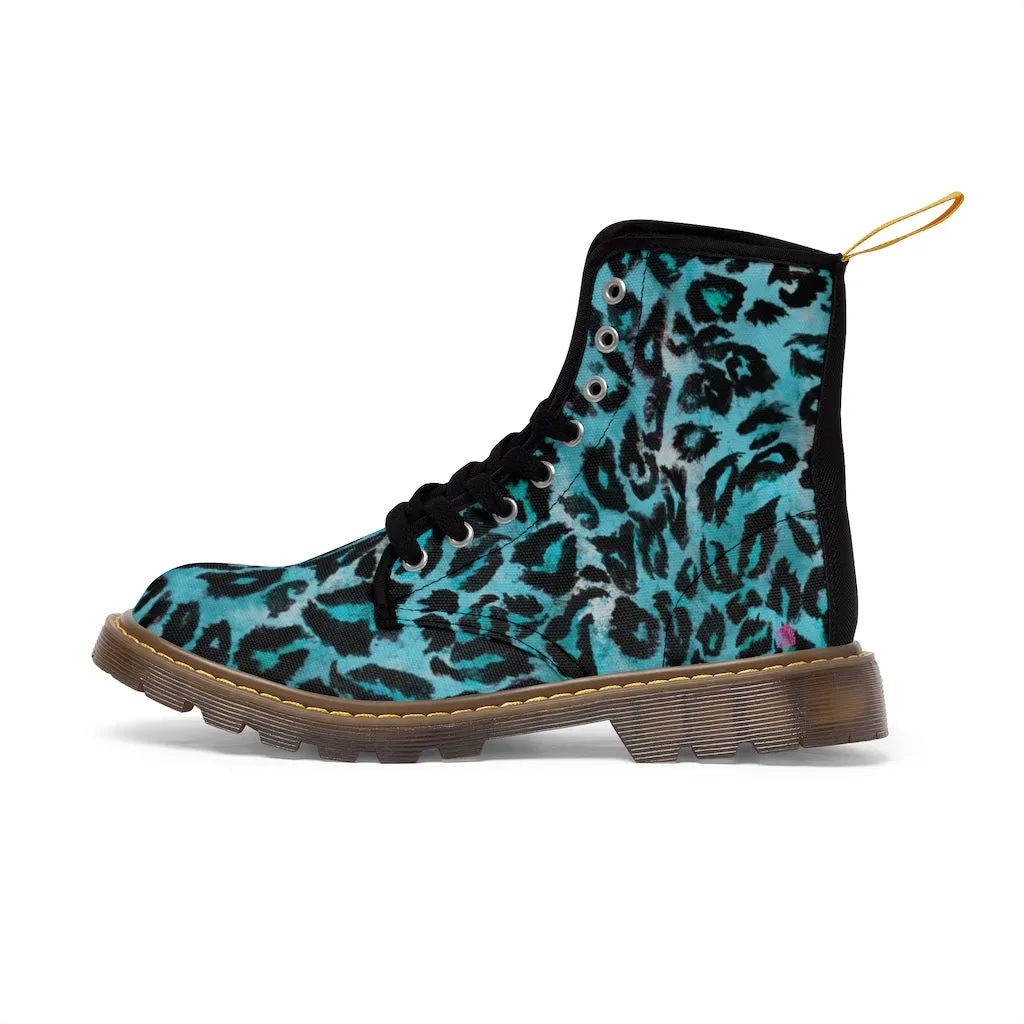 Blue Leopard Women's Canvas Boots, Best Leopard Animal Print Winter Boots For Ladies (US Size 6.5-11)