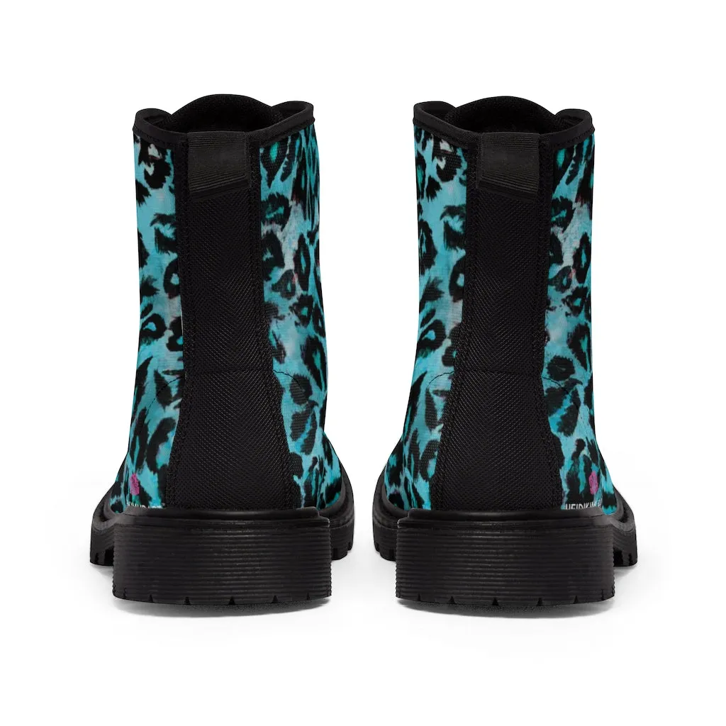 Blue Leopard Women's Canvas Boots, Best Leopard Animal Print Winter Boots For Ladies (US Size 6.5-11)