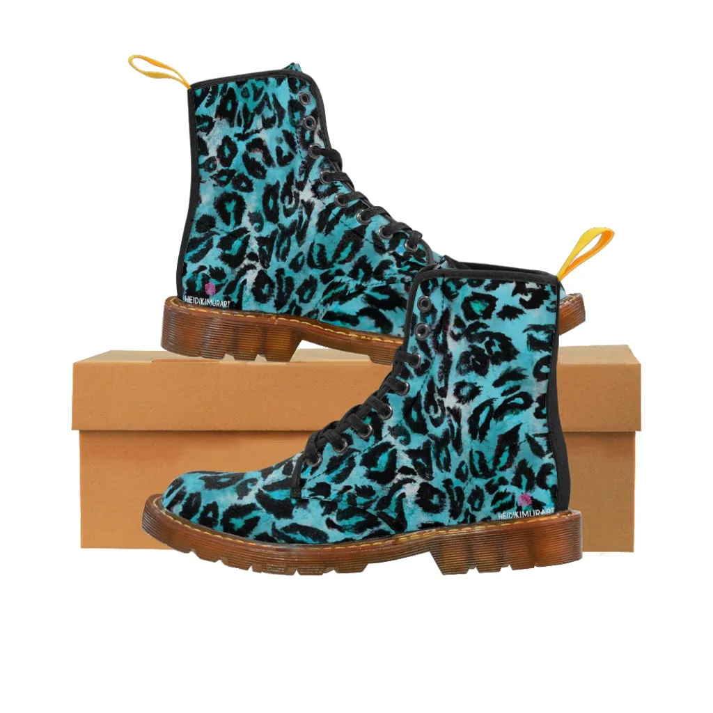 Blue Leopard Women's Canvas Boots, Best Leopard Animal Print Winter Boots For Ladies (US Size 6.5-11)