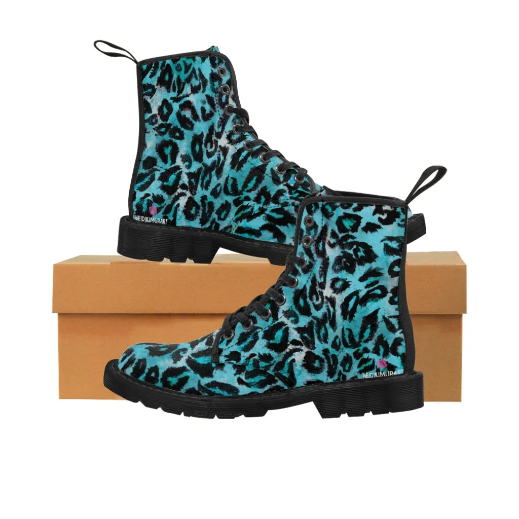 Blue Leopard Women's Canvas Boots, Best Leopard Animal Print Winter Boots For Ladies (US Size 6.5-11)