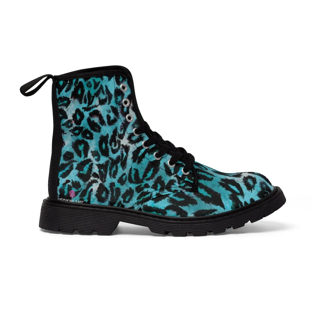 Blue Leopard Women's Canvas Boots, Best Leopard Animal Print Winter Boots For Ladies (US Size 6.5-11)