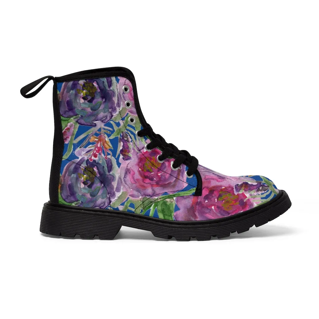 Blue Purple Rose Women's Boots, Floral Vintage Style Spring Laced-up Winter Boots For Ladies