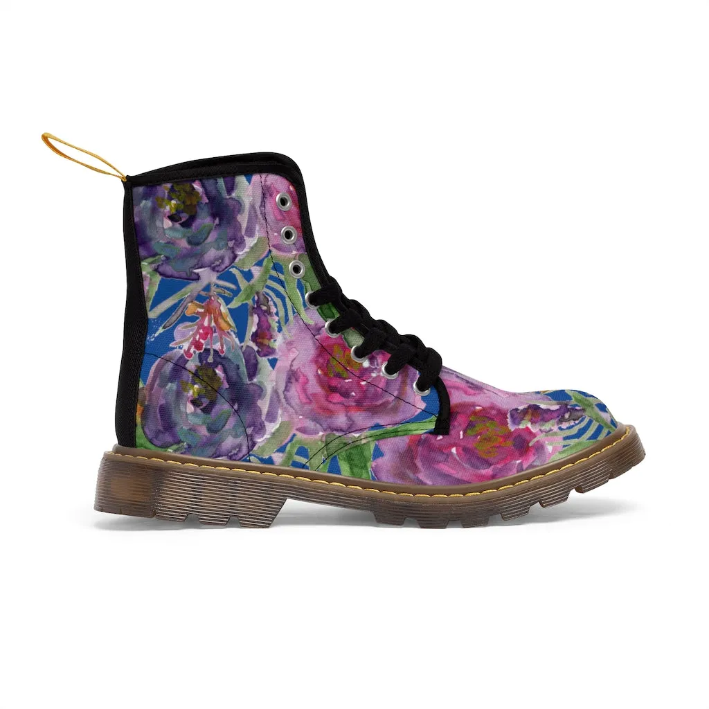 Blue Purple Rose Women's Boots, Floral Vintage Style Spring Laced-up Winter Boots For Ladies