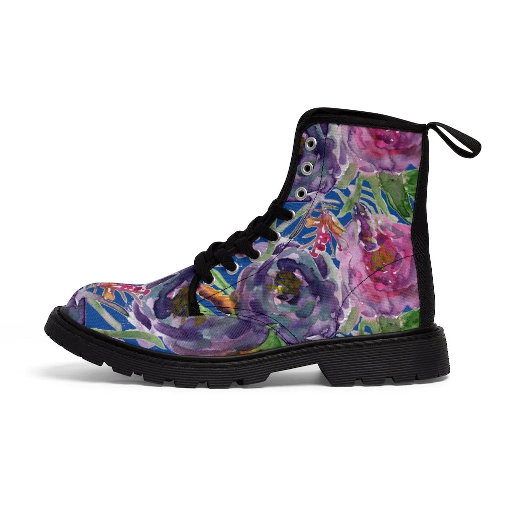 Blue Purple Rose Women's Boots, Floral Vintage Style Spring Laced-up Winter Boots For Ladies