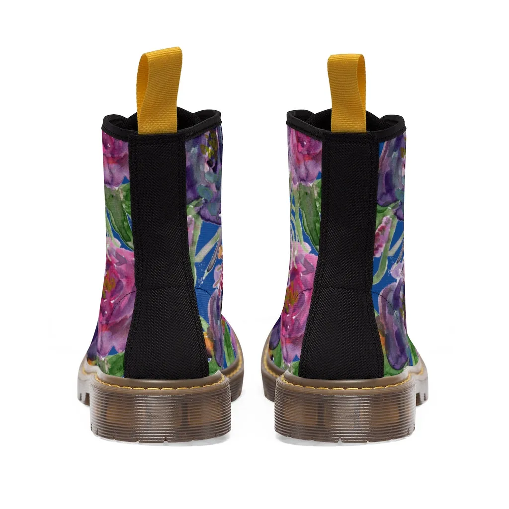 Blue Purple Rose Women's Boots, Floral Vintage Style Spring Laced-up Winter Boots For Ladies