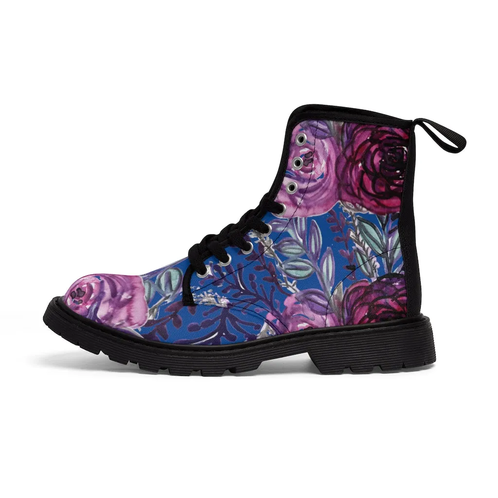 Blue Purple Rose Women's Boots, Vintage Style Designer Laced-up Premium Boots For Ladies