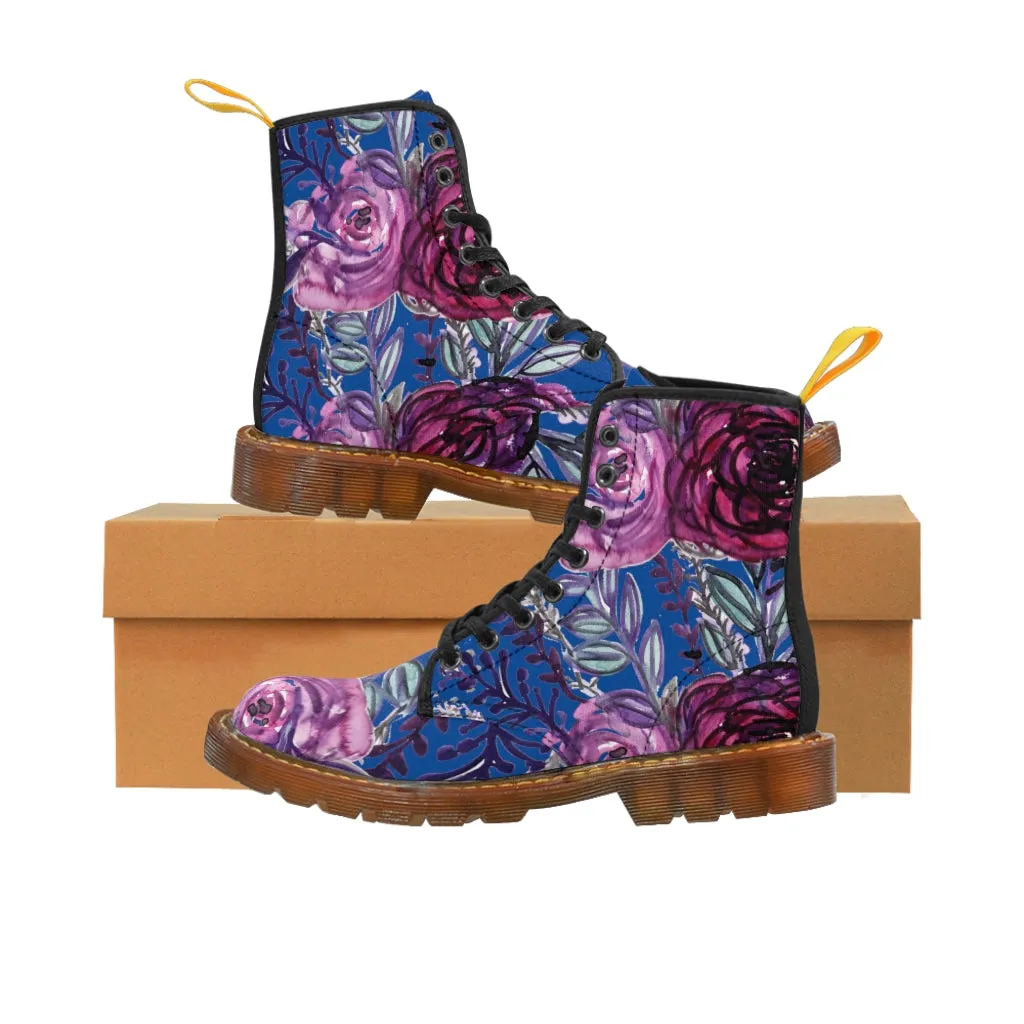 Blue Purple Rose Women's Boots, Vintage Style Designer Laced-up Premium Boots For Ladies