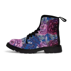 Blue Purple Rose Women's Boots, Vintage Style Designer Laced-up Premium Boots For Ladies