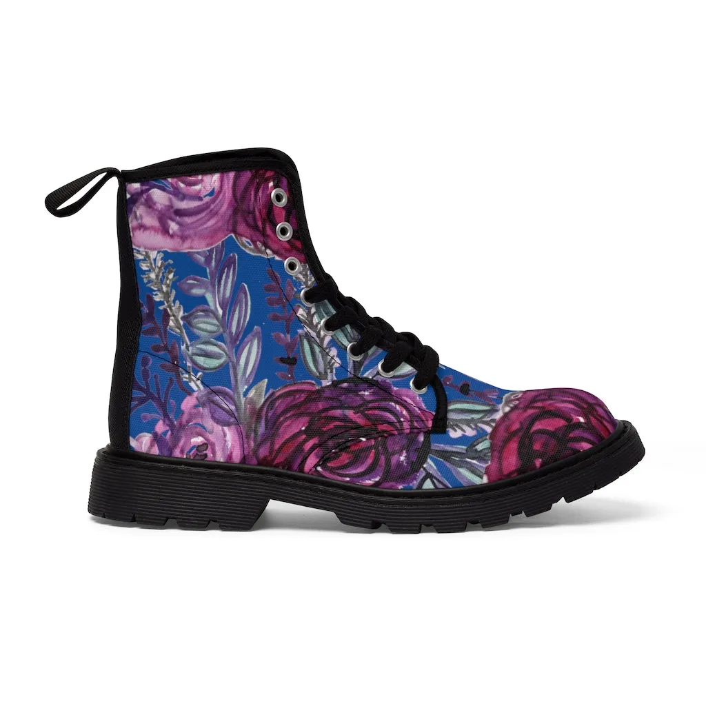 Blue Purple Rose Women's Boots, Vintage Style Designer Laced-up Premium Boots For Ladies