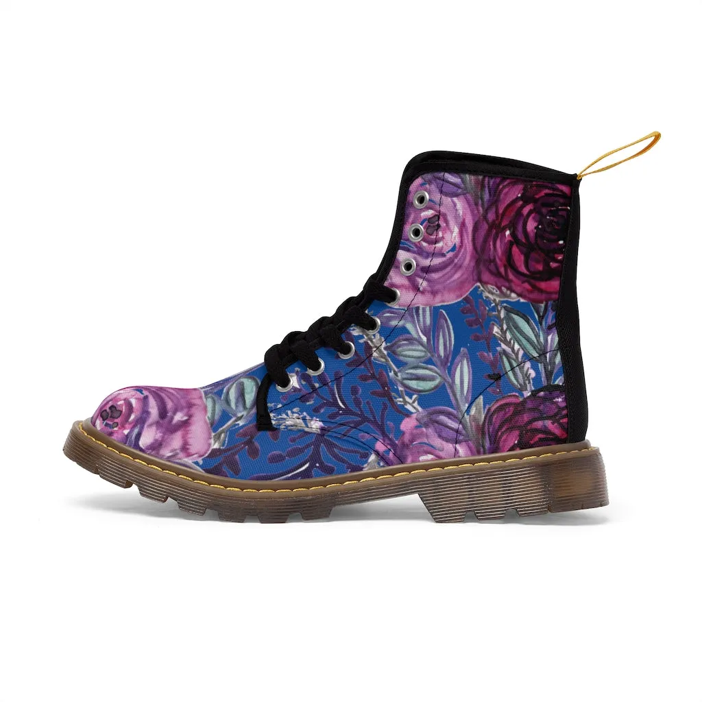 Blue Purple Rose Women's Boots, Vintage Style Designer Laced-up Premium Boots For Ladies