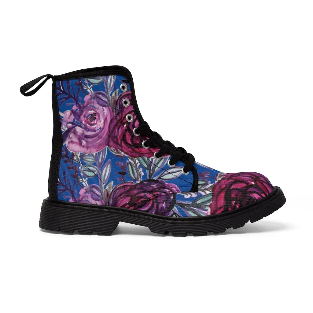 Blue Purple Rose Women's Boots, Vintage Style Designer Laced-up Premium Boots For Ladies