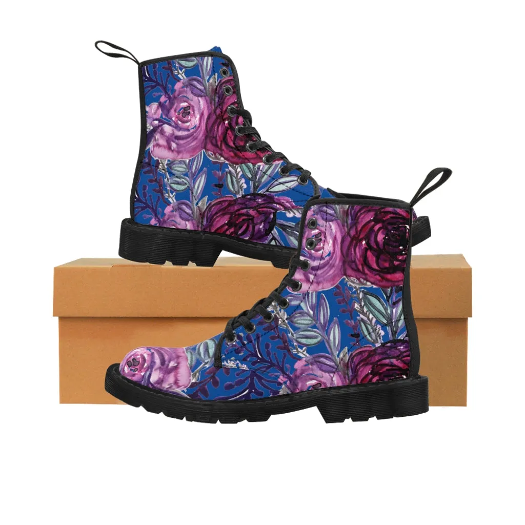 Blue Purple Rose Women's Boots, Vintage Style Designer Laced-up Premium Boots For Ladies