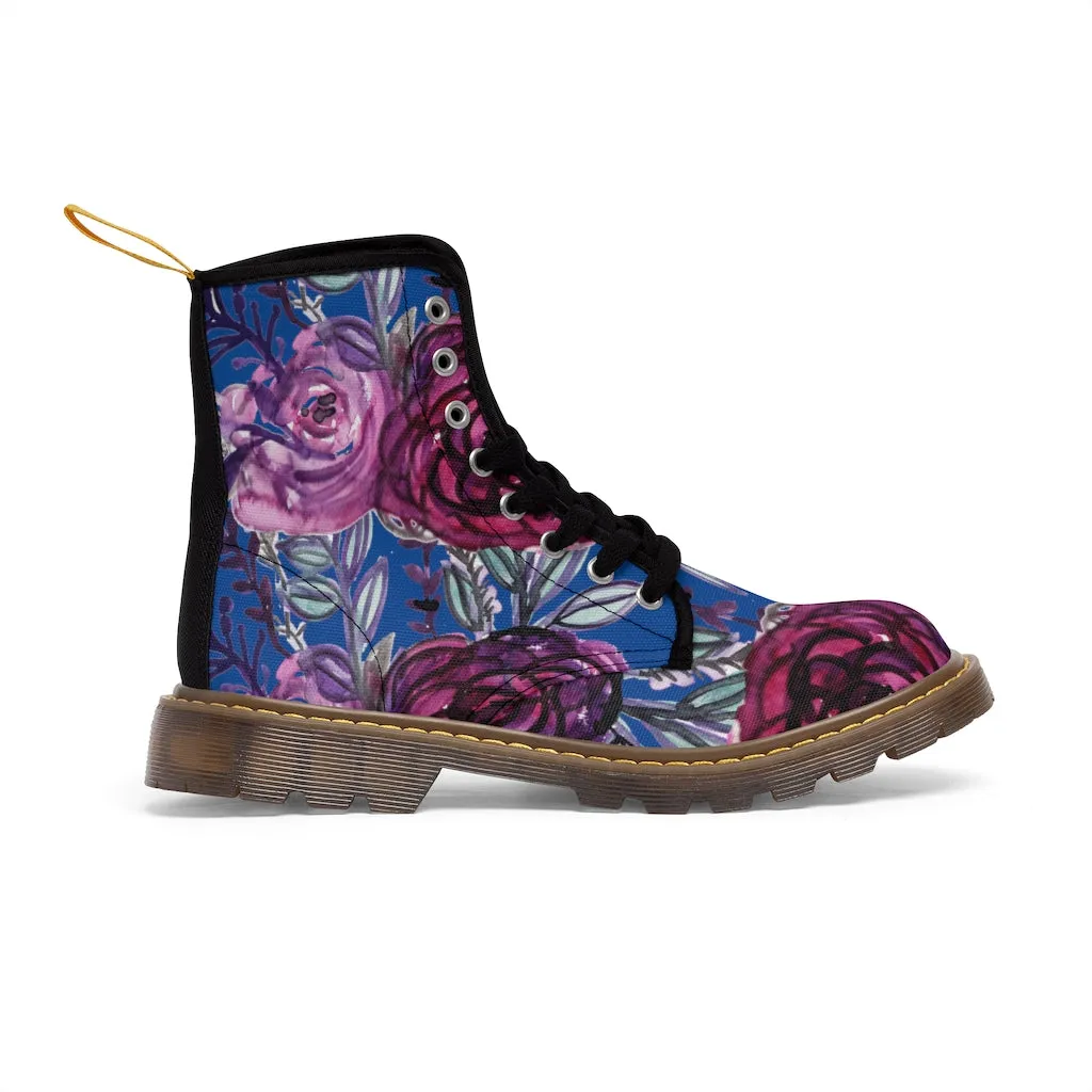 Blue Purple Rose Women's Boots, Vintage Style Designer Laced-up Premium Boots For Ladies