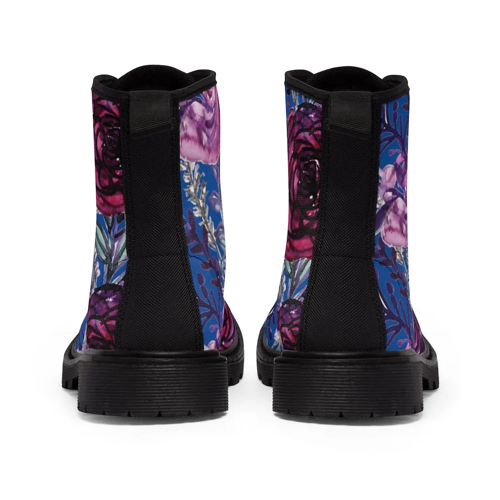 Blue Purple Rose Women's Boots, Vintage Style Designer Laced-up Premium Boots For Ladies