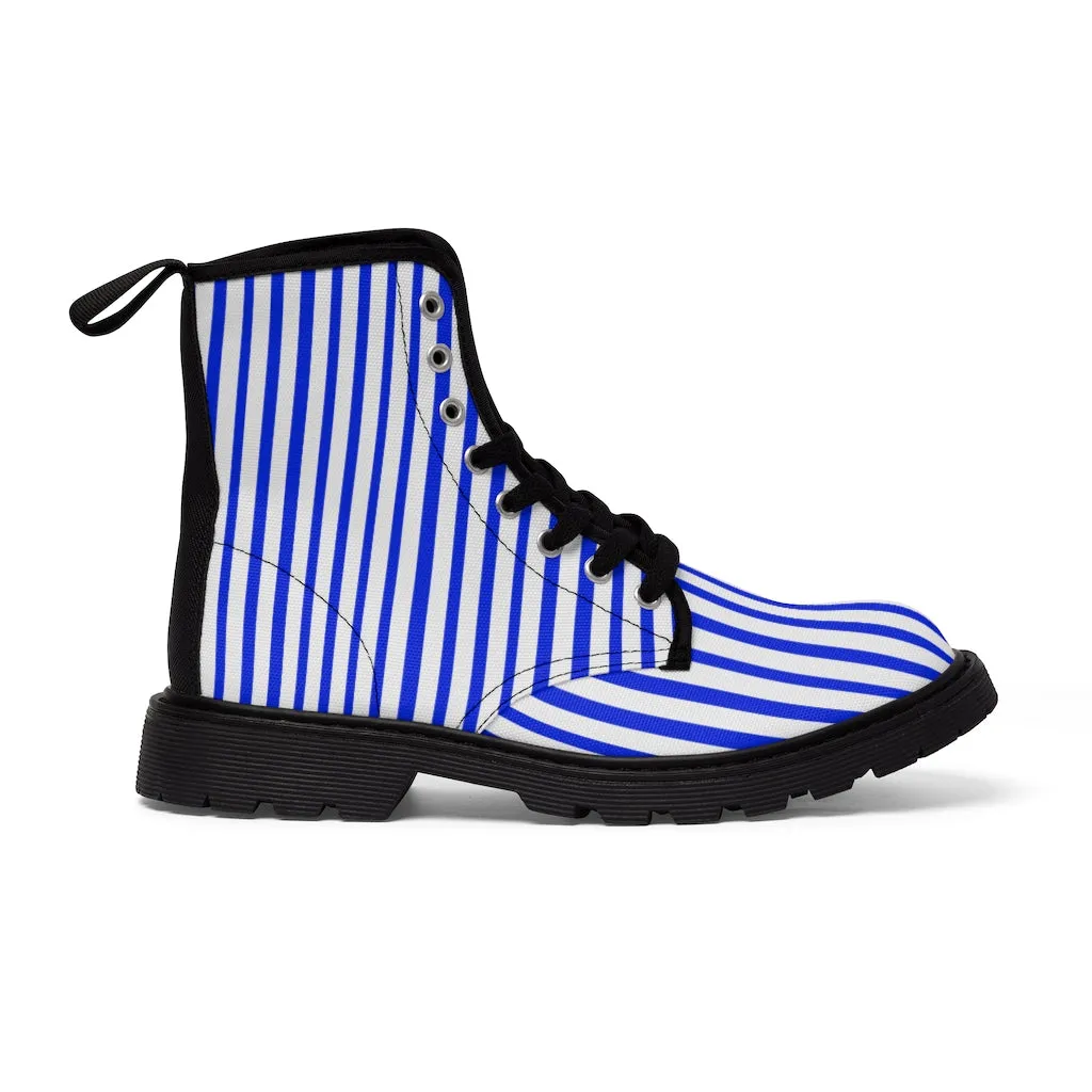 Blue Stripes Women's Canvas Boots, Best White Blue Striped Winter Boots Shoes For Ladies