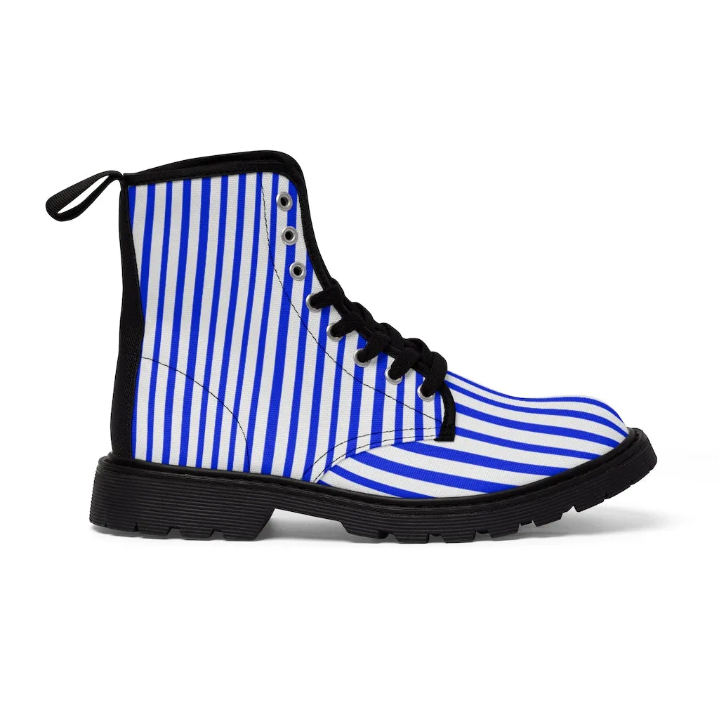 Blue Stripes Women's Canvas Boots, Best White Blue Striped Winter Boots Shoes For Ladies