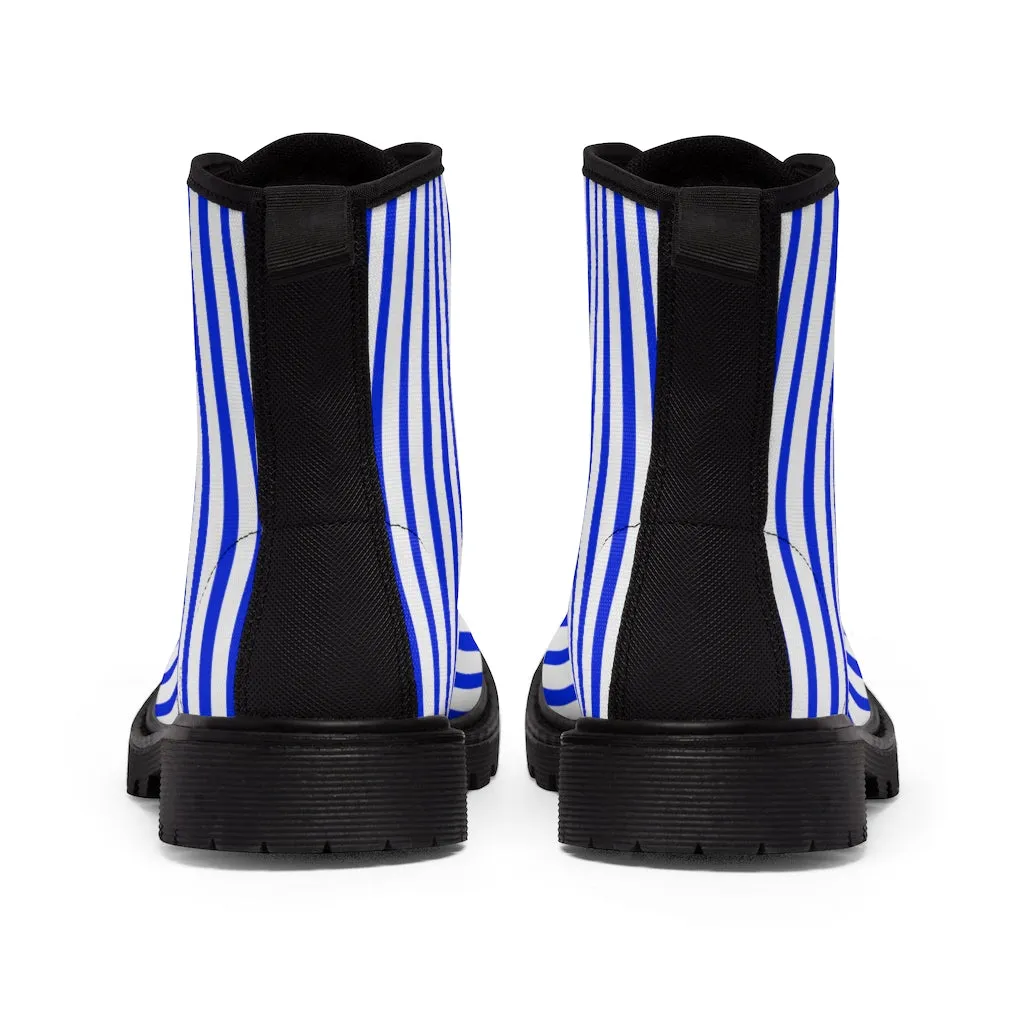 Blue Stripes Women's Canvas Boots, Best White Blue Striped Winter Boots Shoes For Ladies