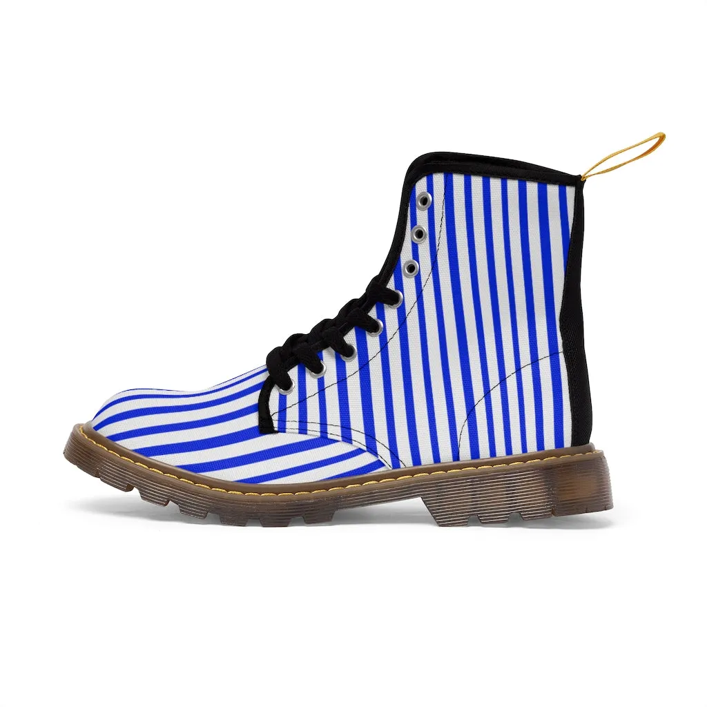 Blue Stripes Women's Canvas Boots, Best White Blue Striped Winter Boots Shoes For Ladies