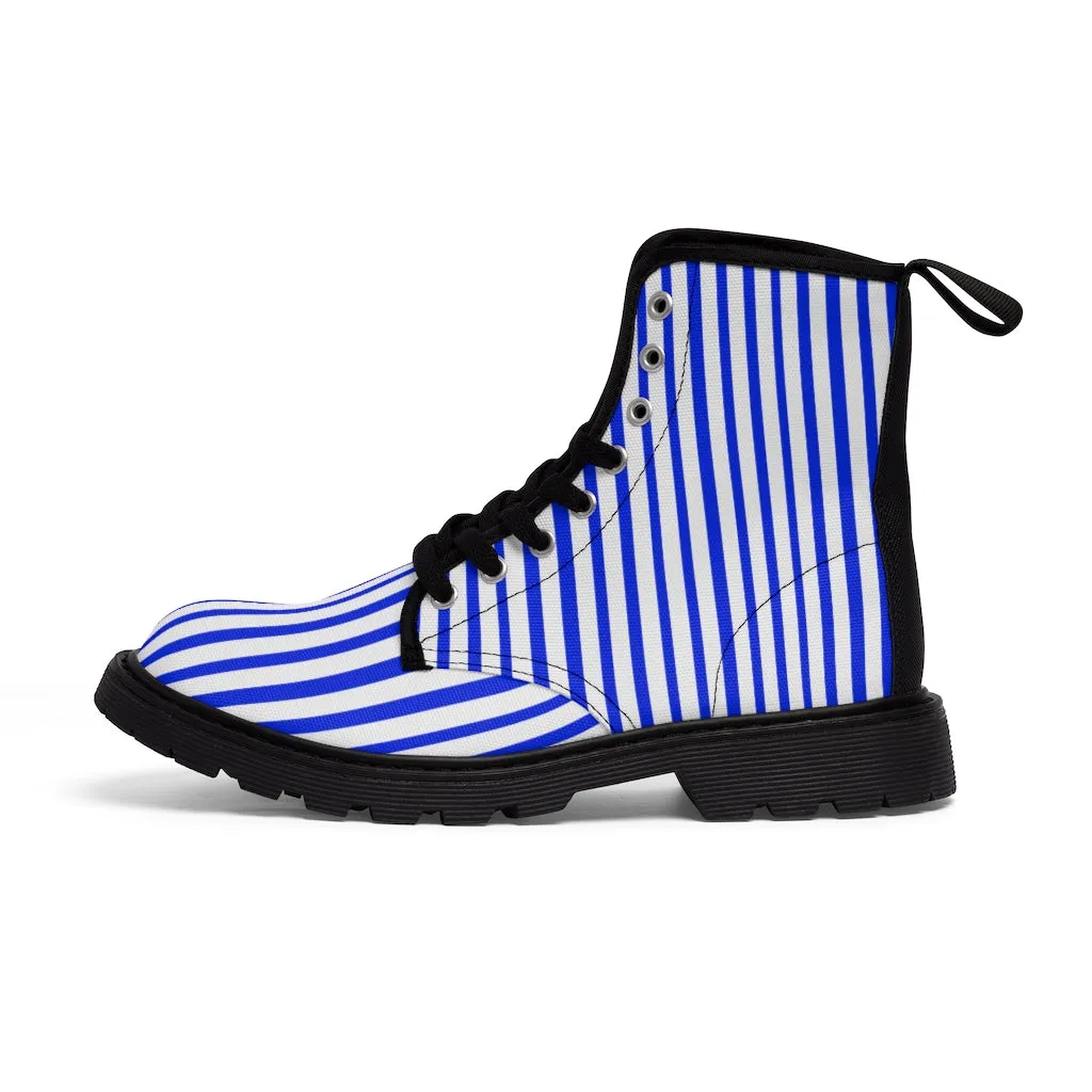 Blue Stripes Women's Canvas Boots, Best White Blue Striped Winter Boots Shoes For Ladies