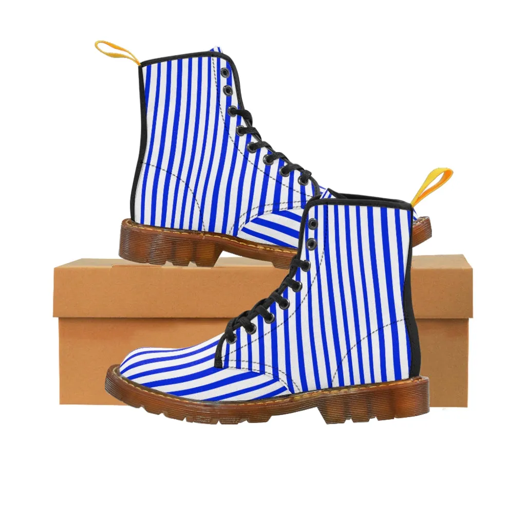 Blue Stripes Women's Canvas Boots, Best White Blue Striped Winter Boots Shoes For Ladies