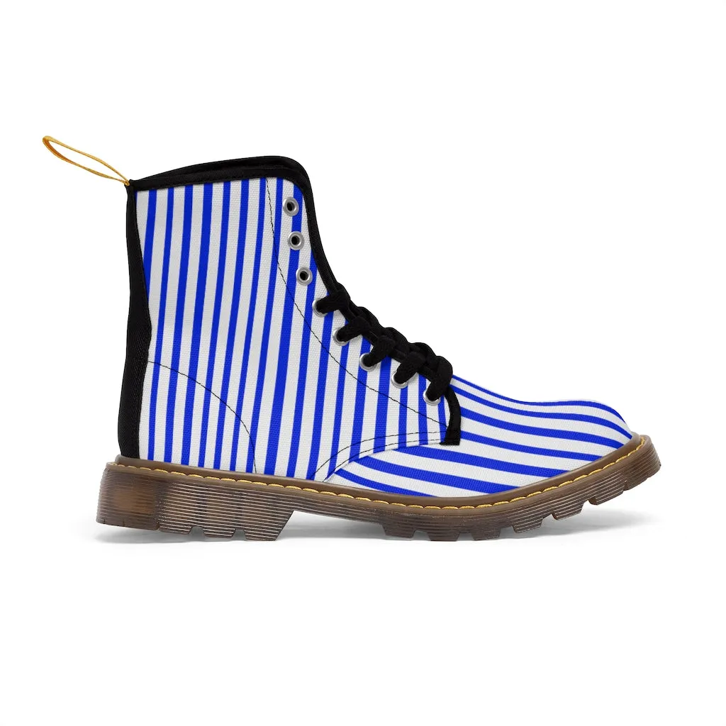 Blue Stripes Women's Canvas Boots, Best White Blue Striped Winter Boots Shoes For Ladies