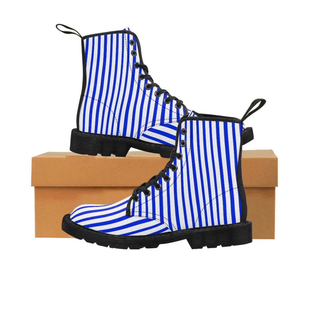 Blue Stripes Women's Canvas Boots, Best White Blue Striped Winter Boots Shoes For Ladies