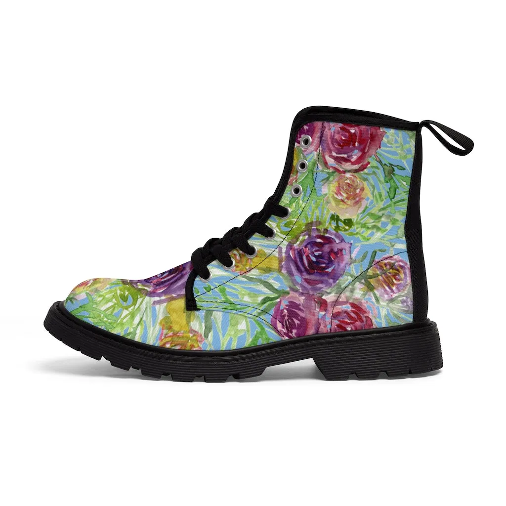 Blue Yellow Rose Women's Boots, Floral Print Designer Premium Ladies' Laced-up Boots For Ladies