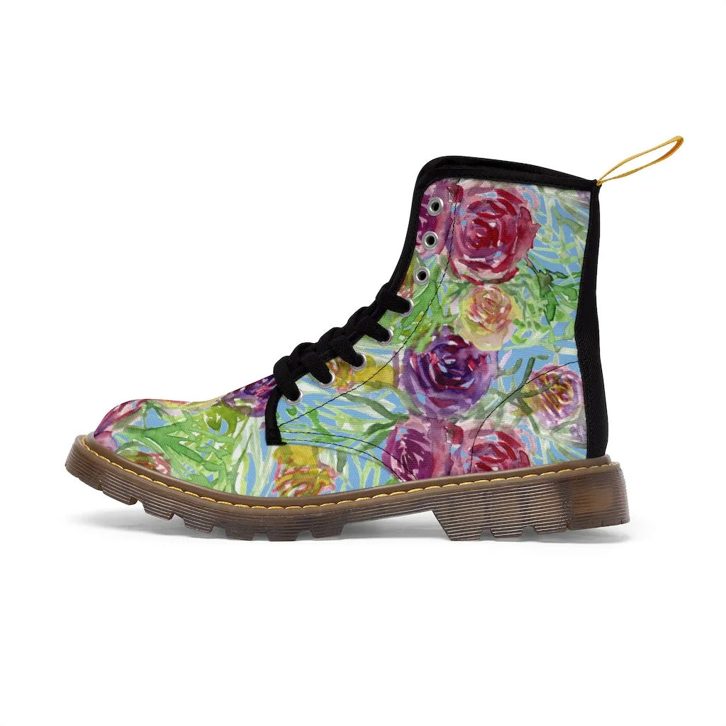 Blue Yellow Rose Women's Boots, Floral Print Designer Premium Ladies' Laced-up Boots For Ladies