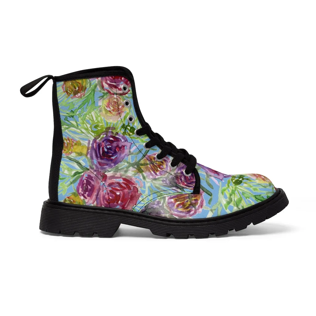 Blue Yellow Rose Women's Boots, Floral Print Designer Premium Ladies' Laced-up Boots For Ladies